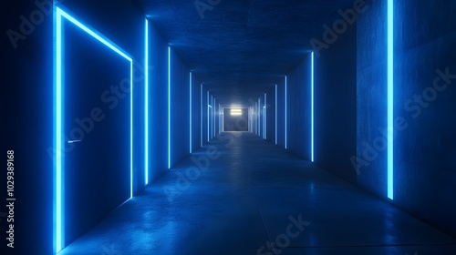 A long corridor with blue neon lights, a minimalist style, a concrete floor and walls, a symmetrical composition