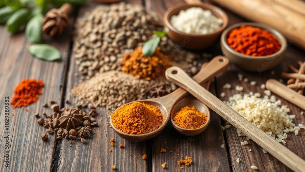 Wooden Spoons Filled With Spices Background Homemade Wooden Spoons Filled With Spices Background Homemade