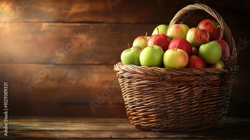 Wallpaper Mural  A wicker basket brimming with green and red apples atop a wooden table adjacent to a wooden wall Torontodigital.ca