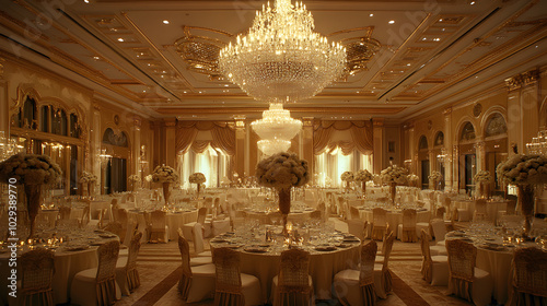 A five-star hotel ballroom set up for a grand gala with crystal chandeliers and gold decor.