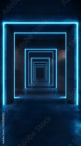 A long corridor with blue neon lights, a minimalist style, a concrete floor and walls, a symmetrical composition