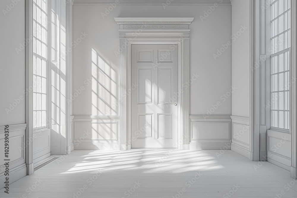 A single open door in an empty hallway, representing opportunity and choice. Concept of minimalism. A single open door in an empty hallway, representing opportunity and choice. Concept of minimalism.