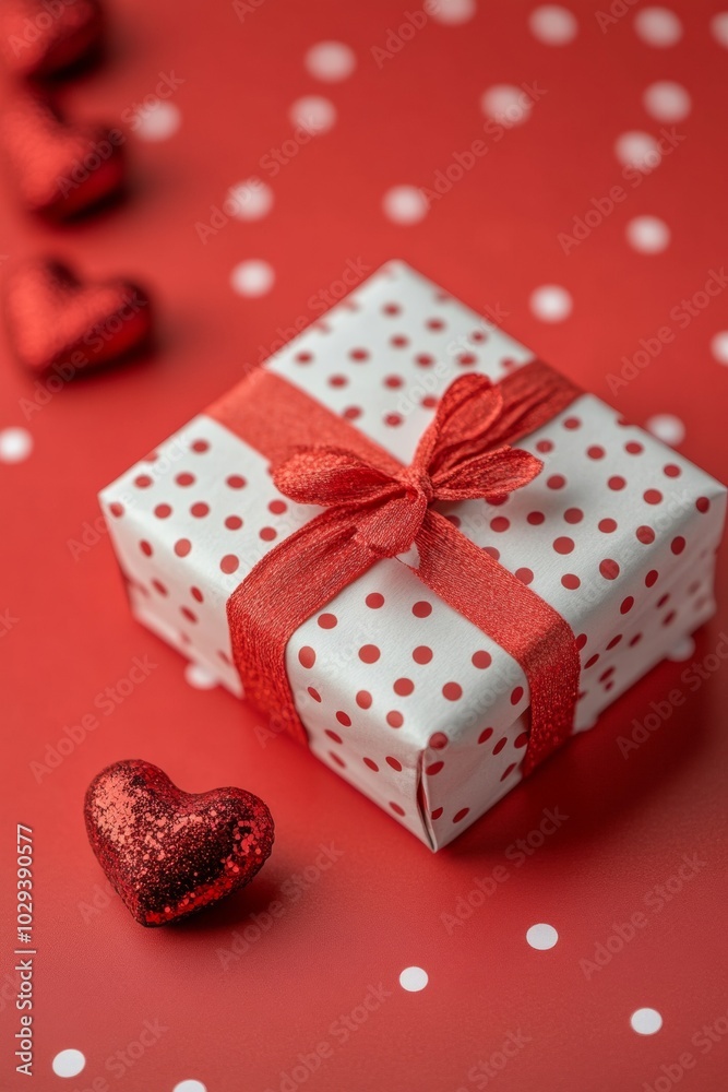 Obraz premium Elegant gift box with red ribbon and heart chocolates on festive red background for a romantic celebration