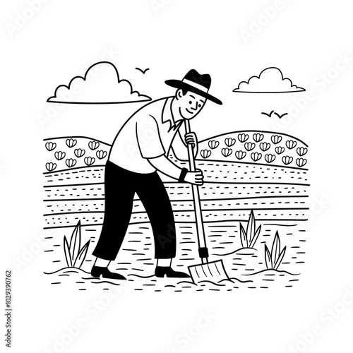 Hand drawn illustration of a man digging in a vintage farm 