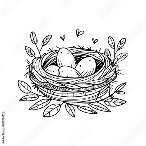 Hand drawn illustration of a bird nest with eggs, surrounded by leaves and hearts