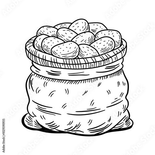 Hand drawn illustration of a potato sack filled with potatoes
