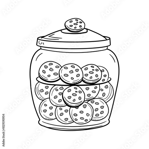Hand drawn illustration of a cookie jar filled with chocolate chip cookies