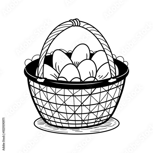 Hand drawn illustration of a basket filled with eggs