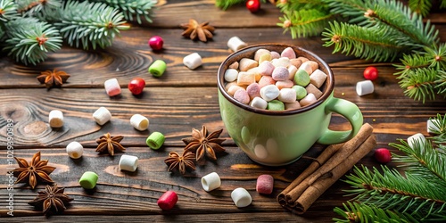 christmas still life with candle and cones and marshmellows in hot chocolate