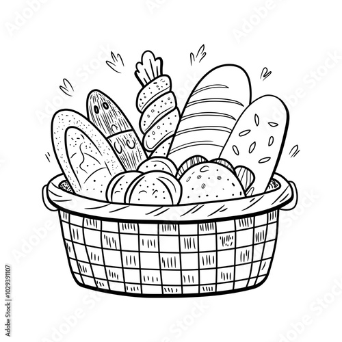 Hand drawn illustration of a bread basket filled with various types of bread