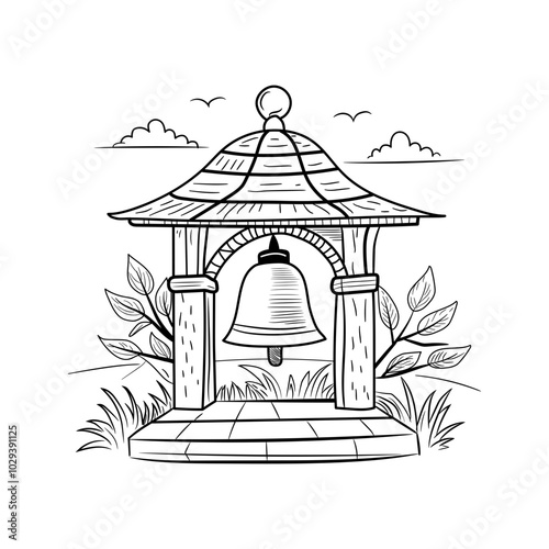 Hand drawn illustration of a vintage bell tower with a thatched roof
