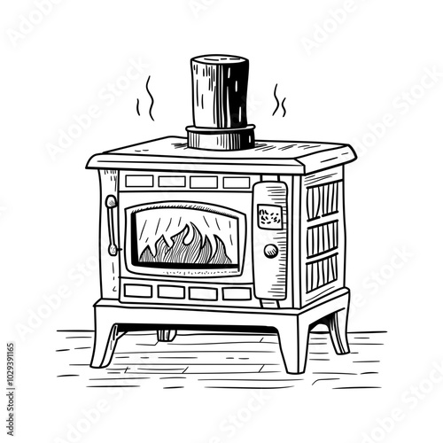 Hand drawn illustration of a brick oven with flames inside