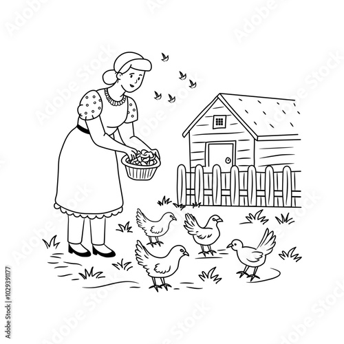 Hand drawn illustration of a woman feeding chickens in her backyard