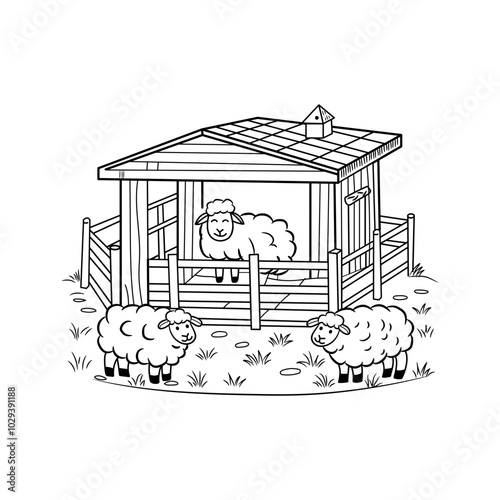 Hand drawn illustration of a sheep pen with sheep inside