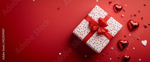 Elegant gift box with red ribbon and heart-shaped chocolates on a vibrant red backdrop for Valentine's Day celebration. With copy space for text. Wide web banner.