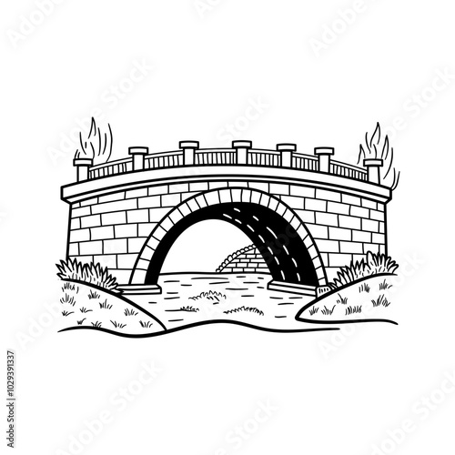 Hand drawn illustration of a stone bridge with water flowing underneath