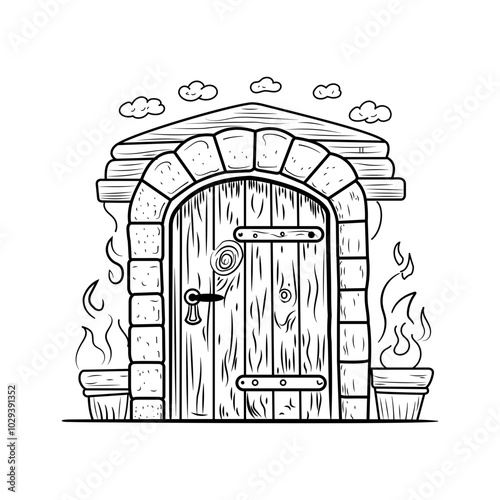 Wallpaper Mural Hand drawn illustration of a wooden door in a stone archway with flames on either side Torontodigital.ca