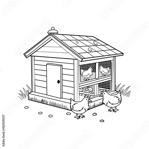 Hand drawn illustration of a woman feeding chickens in her backyard