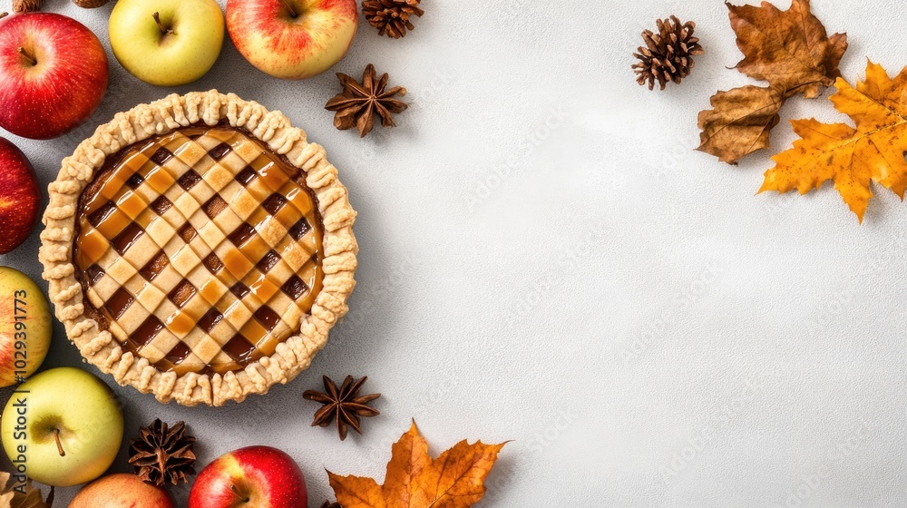 An inviting apple pie cake features a rich caramel drizzle, surrounded by fresh red and green apples, creating a warm autumn atmosphere for sharing An inviting apple pie cake features a rich caramel drizzle, surrounded by fresh red and green apples, creating a warm autumn atmosphere for sharing