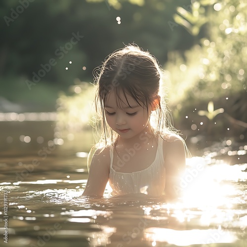 there is a young girl in the water playing with a toy photo