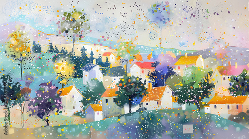 starry night inspired village, a village painted in the starry night style with a sky of stars, pastel houses, and flowering trees, creating a serene scene full-body shot with a white border