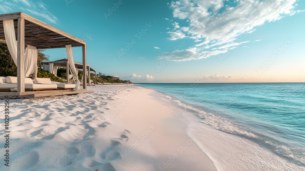 A five-star hotels secluded beach with white sands and luxury cabanas overlooking the water. A five-star hotels secluded beach with white sands and luxury cabanas overlooking the water.