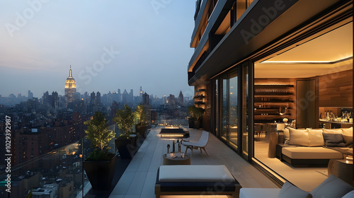 An exclusive penthouse suite terrace at a five-star hotel with panoramic city views.