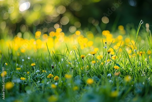 Vibrant green meadow with yellow wildflowers in sunlight photo