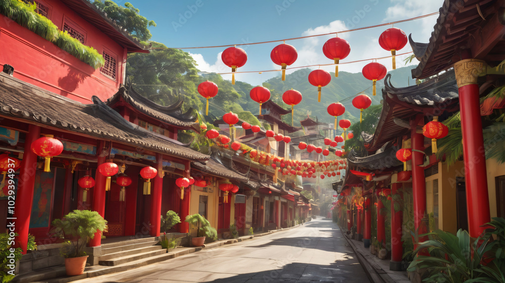 Obraz premium Red lanterns decorating traditional Chinese street with festive atmosphere