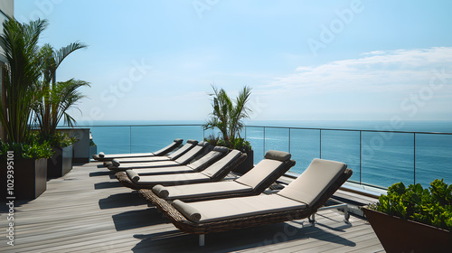 A five-star hotel rooftop terrace with plush lounge chairs and a view of the ocean. photo