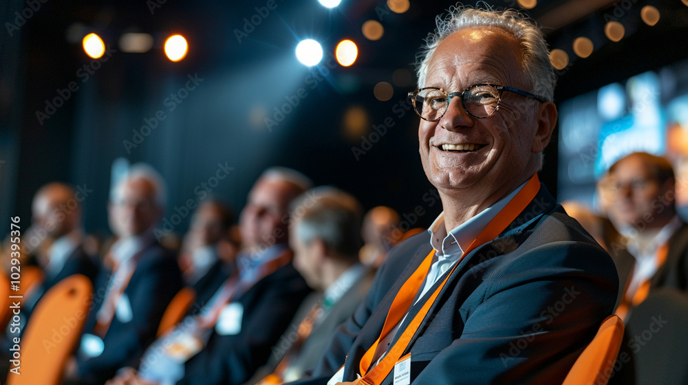An elderly man smiling while attending a professional conference or seminar, captured in a relaxed and positive atmosphere with an audience in the background.
An elderly man smiling while attending a professional conference or seminar, captured in a relaxed and positive atmosphere with an audience in the background.