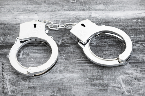 Silver handcuffs on weathered wood photo