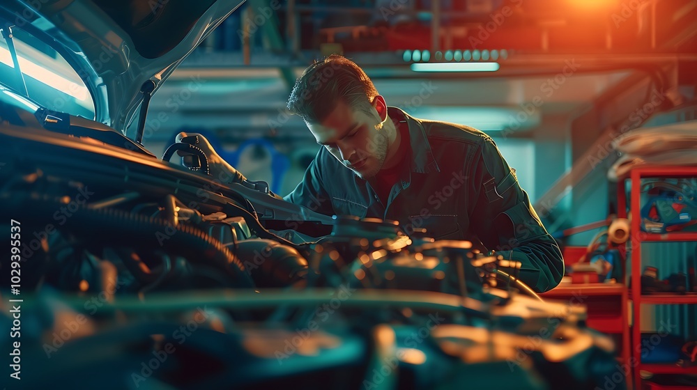 A mechanic in a brightly lit garage inspecting the engine of a car, with the hood open, tools laid out neatly, and diagnostic equipment connected to the vehicle A mechanic in a brightly lit garage inspecting the engine of a car, with the hood open, tools laid out neatly, and diagnostic equipment connected to the vehicle