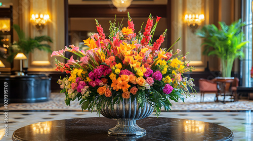 A glamorous five-star hotel lobby with a large colorful floral arrangement as the centerpiece. photo