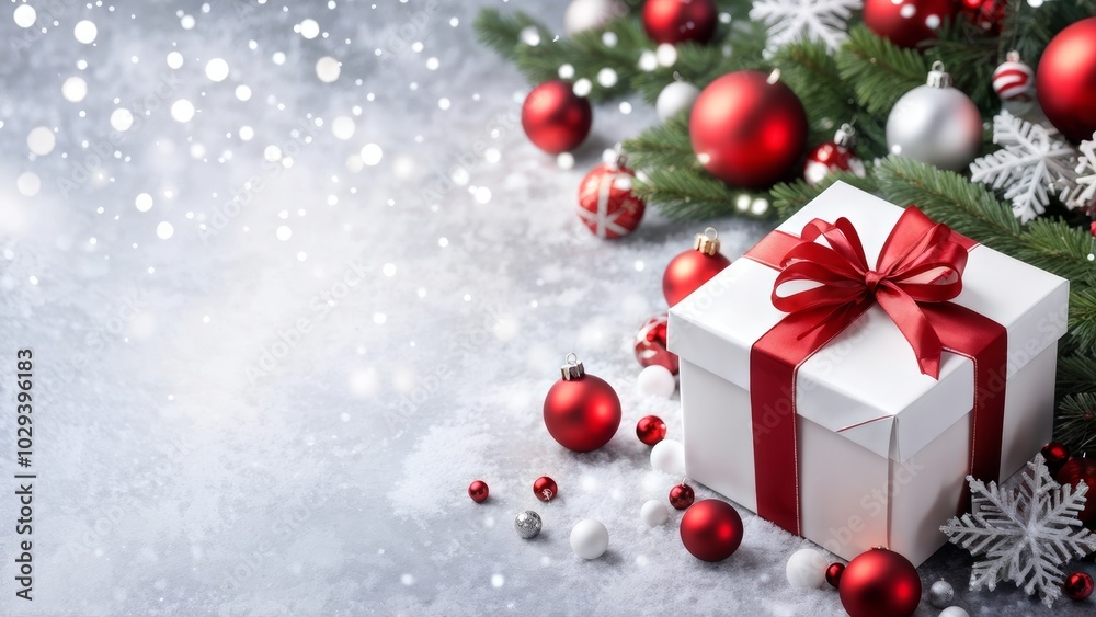 The Christmas background with a gift box, white snowflakes and red ornaments at the bottom creates an elegant festive atmosphere. The Christmas background with a gift box, white snowflakes and red ornaments at the bottom creates an elegant festive atmosphere.