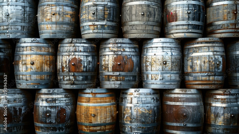 Stacked wooden barrels in varying shades of brown and gray with metal bands, showcasing rustic charm and texture, perfect for beverage storage and aging. Stacked wooden barrels in varying shades of brown and gray with metal bands, showcasing rustic charm and texture, perfect for beverage storage and aging.