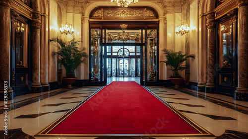 A grand five-star hotel entrance with a red carpet and ornate architecture. photo