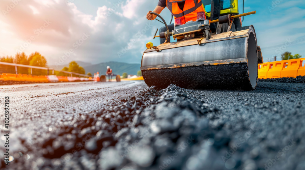 Road worker operating a road roller compacting fresh asphalt during road construction. Concept of infrastructure development, construction work, road maintenance, and heavy machinery Road worker operating a road roller compacting fresh asphalt during road construction. Concept of infrastructure development, construction work, road maintenance, and heavy machinery