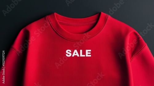 flat lay top view red tshirt with white text "SALE" on black solid background