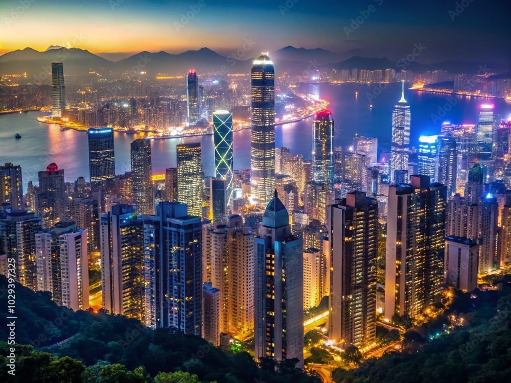 Obraz premium Hong Kong City Skyline at Night - Minimalist Photography of Victoria Peak View