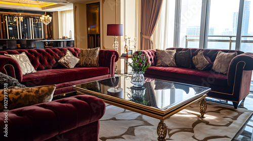 A luxurious five-star hotel living room suite with velvet couches and a glass coffee table.