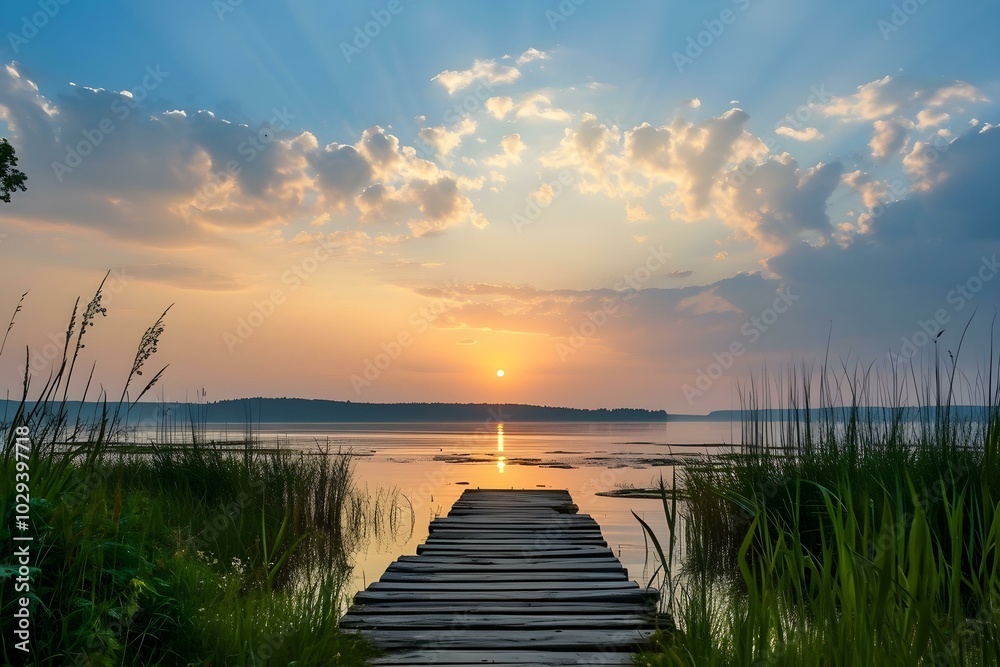 Obraz premium Wooden pier leading to a tranquil lake at sunset