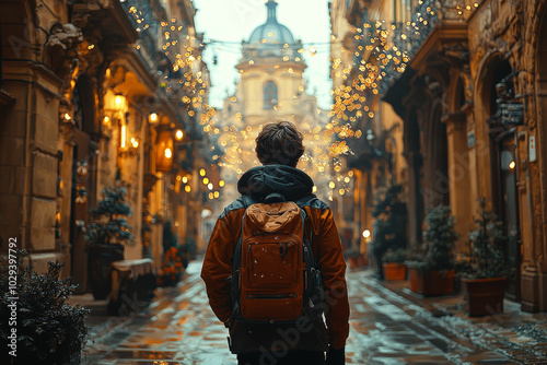 A person walking through a street and noticing subtle changes that indicate they are in a parallel universe. Concept of perception.