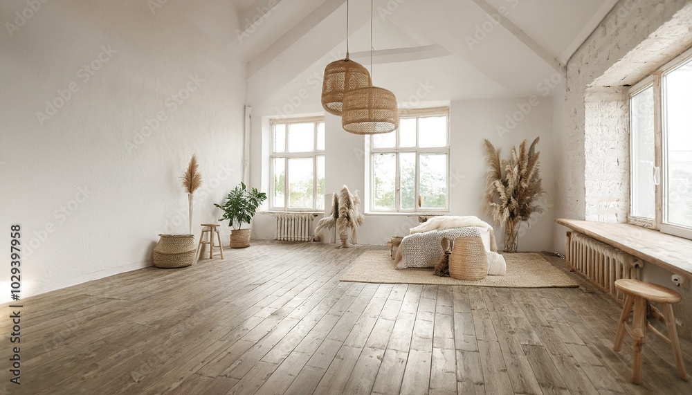 Contemporary empty home interior, Scandi-Boho style, 3d render Contemporary empty home interior, Scandi-Boho style, 3d render