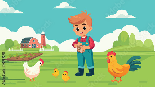 happy cute kid boy feeding chicken at the farm yard vector
