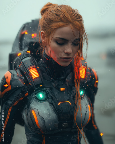 Hyper realistic Science fiction photo shot at 120mm and shot with Hasselblad of a ginger woman wearing an impressive futuristic suit standing in an impressive alien ship with turquoise and red lights 