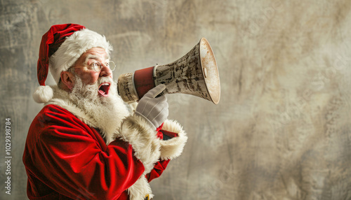 Un Babbo Natale divertente, come se gridasse uno slogan di marketing, su sfondo neutro photo