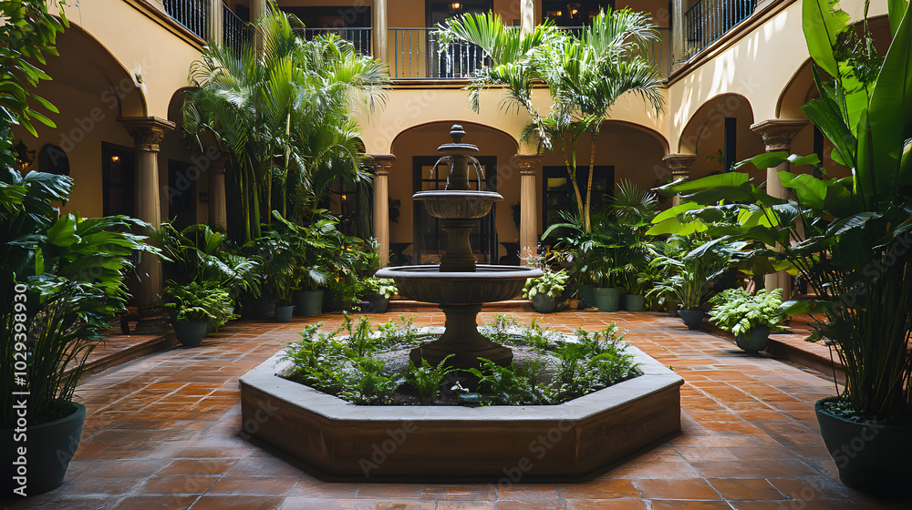 A peaceful courtyard in a five-star hotel featuring a fountain and lush greenery. A peaceful courtyard in a five-star hotel featuring a fountain and lush greenery.