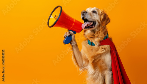 Un golden retriever vestito da supereroe tiene con gioia un megafono, in piedi su uno sfondo arancione brillante photo