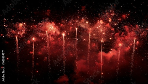 Vibrant red fireworks exploding in the night sky, creating a dazzling display of lights and colors, celebrating a festive occasion.